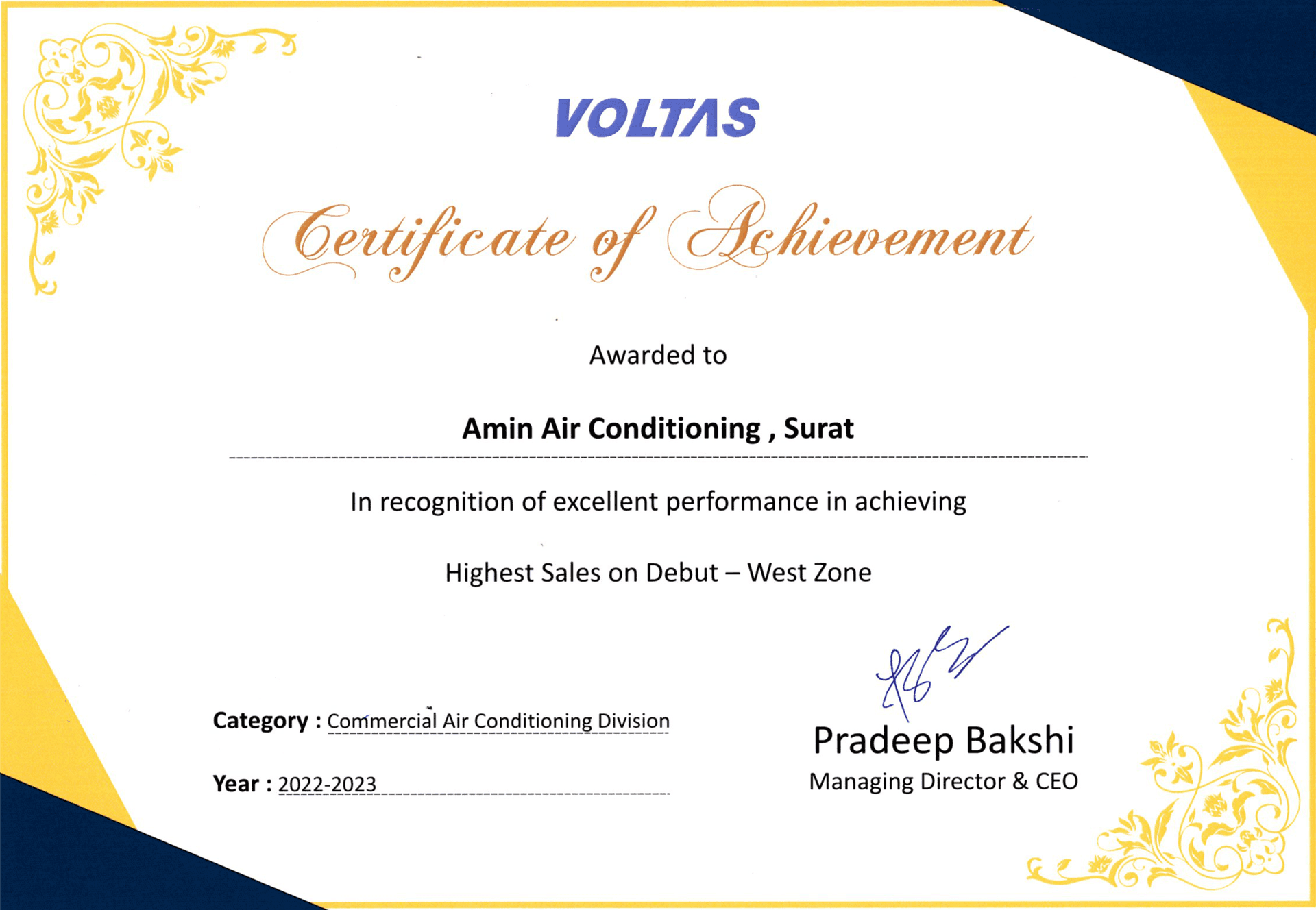 Voltas Highest Sales Award Certificate